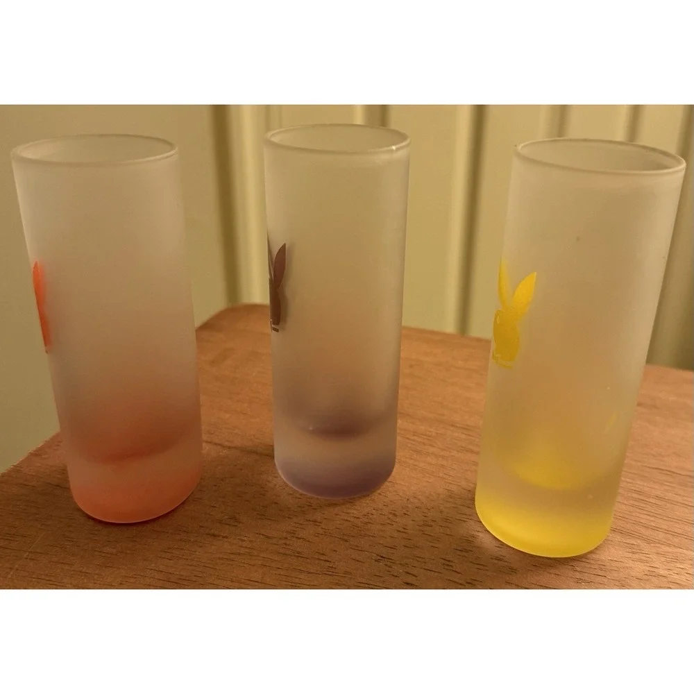 3 Vintage Playboy Bunny Shot Glass Frosted Orange, Yellow & Purple‎ 4